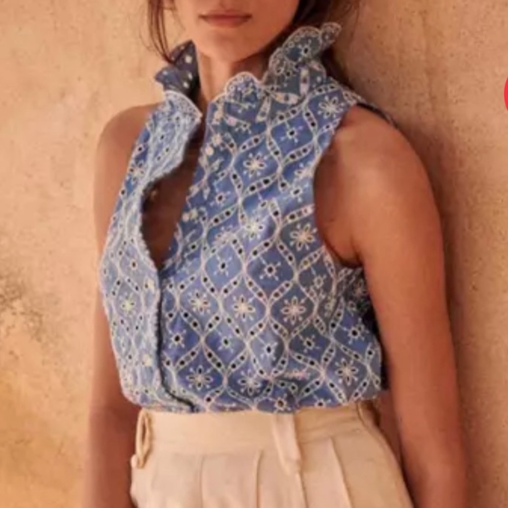 Gently used Sezane Erina Top. Blue Ecru. Size 42 (US 10)